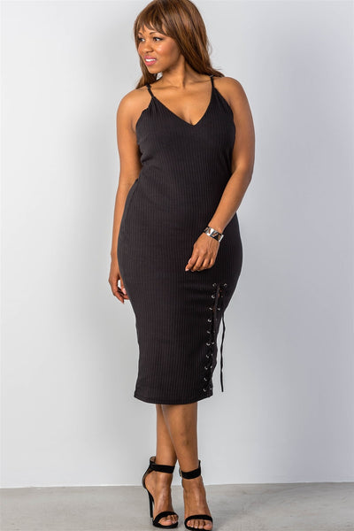 Ladies fashion plus size ribbed knit lace-up dress