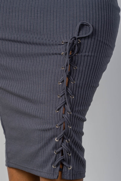 Ladies fashion plus size ribbed knit lace-up dress