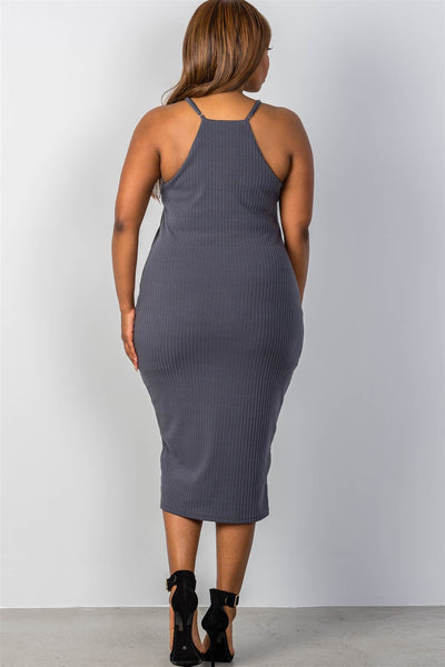 Ladies fashion plus size ribbed knit lace-up dress