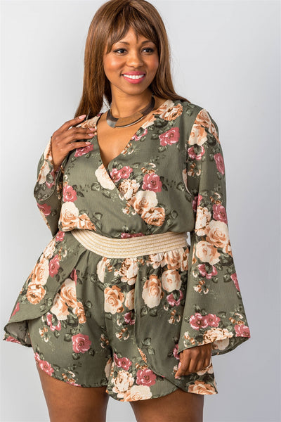 Ladies Fashion Plus Size Plunging Surplice Foral Print Romper