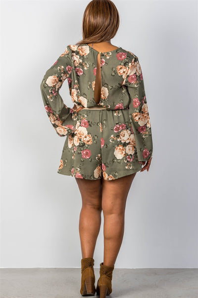 Ladies Fashion Plus Size Plunging Surplice Foral Print Romper