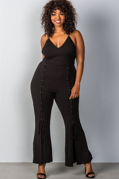 Ladies Fashion Plus Size Lace Up Split Leg Plus Size Jumpsuit