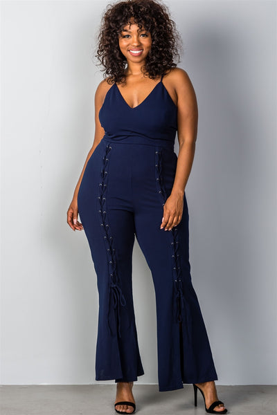 Ladies Fashion Plus Size Lace Up Split Leg Plus Size Jumpsuit