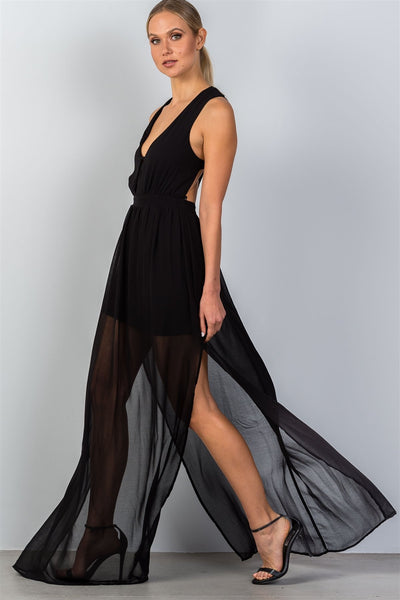 Ladies Fashion Black Cut-Out Side Slits Maxi Dress
