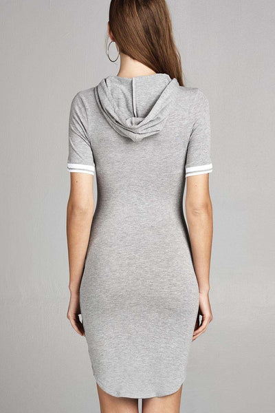 Ladies fashion short sleeve w/stripe band drawstring hoodie cotton rayon spandex mini dress