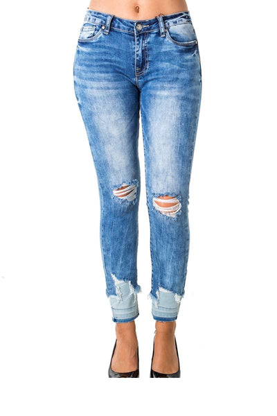 Ladies Fashion Denim Distress Capri Jeans with Pockets