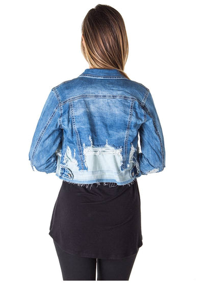 Ladies fashion cropped distress denim jacket