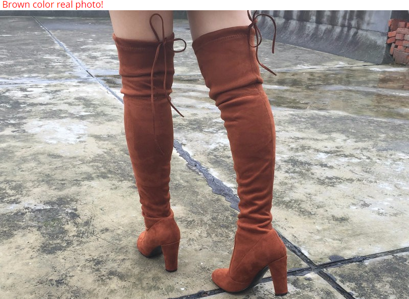 Women Stretch Faux Suede Slim Thigh High Boots Sexy Fashion Over the Knee Boots High Heels Woman Shoes Black Gray Winere