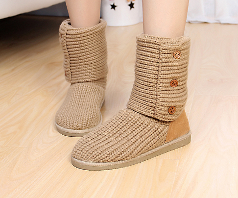 Two Ways Wear 2016 New Women Knitted Snow Boots Autumn Winter Keep Warm Rubber Sole Flat With Shoes Fashion Button Ankle Boots