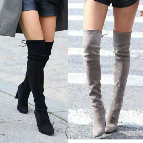 Women Stretch Faux Suede Slim Thigh High Boots Sexy Fashion Over the Knee Boots High Heels Woman Shoes Black Gray Winere
