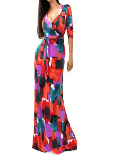 Summer Fashion Sexy Deep V Dress Women Package Hip Maxi Dress Fashion Long Printed Dress Women Club Dress Vestido