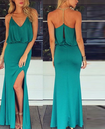 Maxi Dress Women Gold Chain Halter Side Split Long Dress With T Back Vintage Bodycon Party Boho Dress