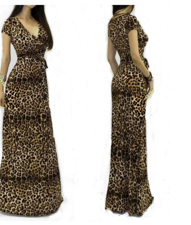 Women Sexy V-neck Short Sleeve Maxi Leopard Dress