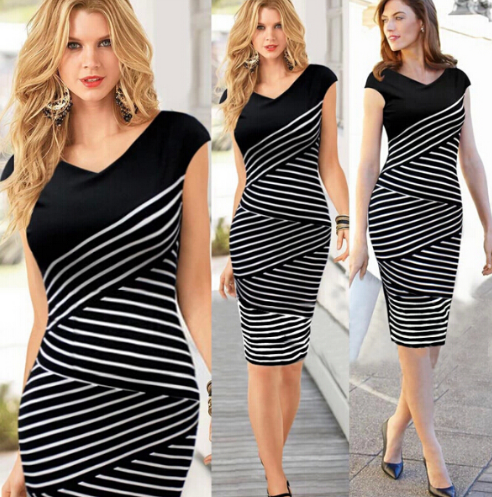 Stripe Pencil Dress Plus Size Casual Long Dress Party Maxi Dress