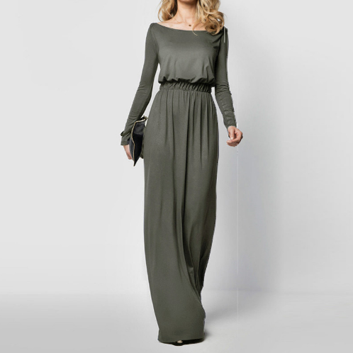 Ladies Spring Autumn Elegant Maxi Dress Womens Retro Slash Neck Long Sleeve High Waist Solid Long Party Dresses