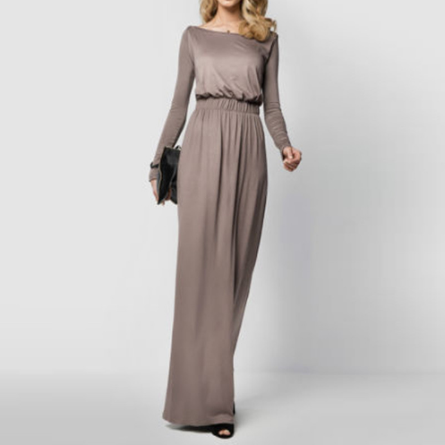Ladies Spring Autumn Elegant Maxi Dress Womens Retro Slash Neck Long Sleeve High Waist Solid Long Party Dresses
