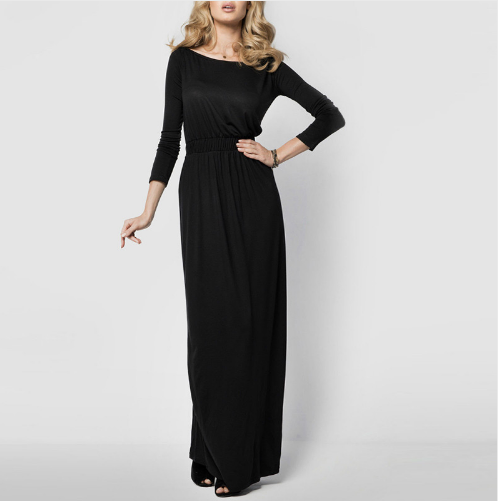 Ladies Spring Autumn Elegant Maxi Dress Womens Retro Slash Neck Long Sleeve High Waist Solid Long Party Dresses