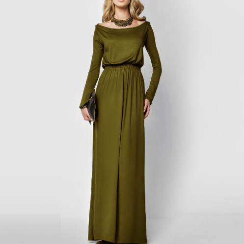 Ladies Spring Autumn Elegant Maxi Dress Womens Retro Slash Neck Long Sleeve High Waist Solid Long Party Dresses