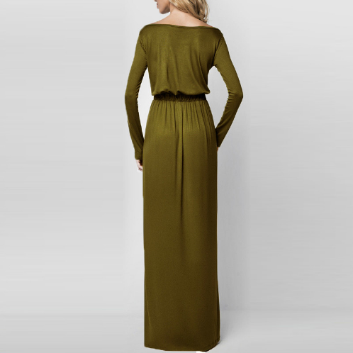 Ladies Spring Autumn Elegant Maxi Dress Womens Retro Slash Neck Long Sleeve High Waist Solid Long Party Dresses