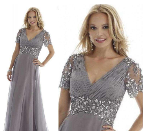 Dress V-Neck Plus Size Mother of the Bride Dresses Crystal Chiffon Pleats Ruffles Short Sleeves Groom's Party Evening Gowns