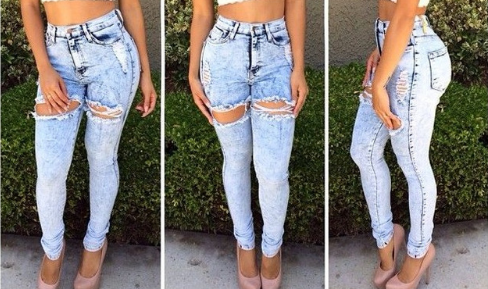New High Waisted Washed Ripped Hole Jeans Pencil Pants Women Trousers Denim