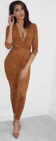 Deep V Neck Suede Belt Bodycon Jumpsuit Romper