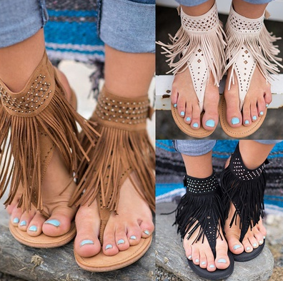 Shop Clearance Items Online Women Bohemian Sandals Flat Sandals Tassels Casual Summer Shoes