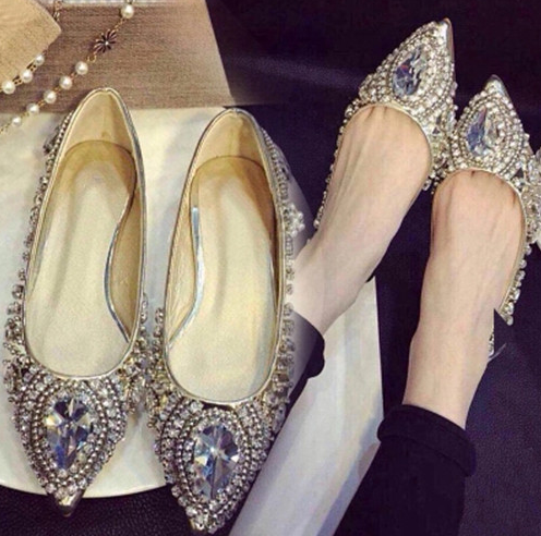 Fashion Crystal Rivet Leather Silver Flat Women Pointed Ladies Flats Shoes
