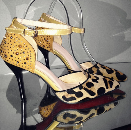 Spike Ankle Strap Leopard High Heel Shoes