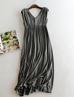 Summer Dress Women Casual Long Maxi Dress Pleated Vestido Modal Vneck Dresses Tank