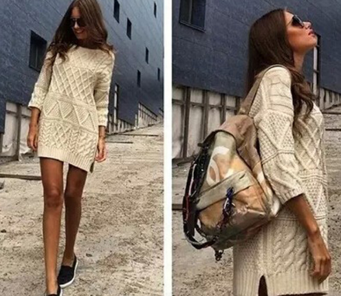 Women Vintage Twist Split Round Neck Half sleeve Sweater Dress Ladies Autumn Winter Cable Knitted Dress