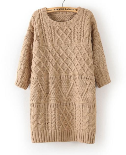 Women Vintage Twist Split Round Neck Half sleeve Sweater Dress Ladies Autumn Winter Cable Knitted Dress