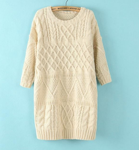 Women Vintage Twist Split Round Neck Half sleeve Sweater Dress Ladies Autumn Winter Cable Knitted Dress