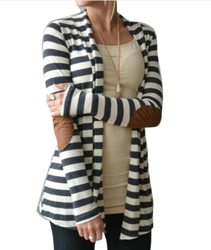 Black and White Striped Elbow Patching PU Leather Long Sleeve Knitted Cardigan
