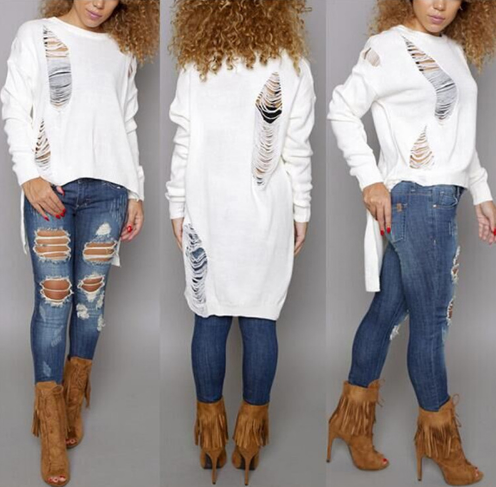 Tassel Sweater Dress Autumn Winter Women Ripped Knitted Sweaters Pullovers Long Sleeve Casual Hollow Out Sweater