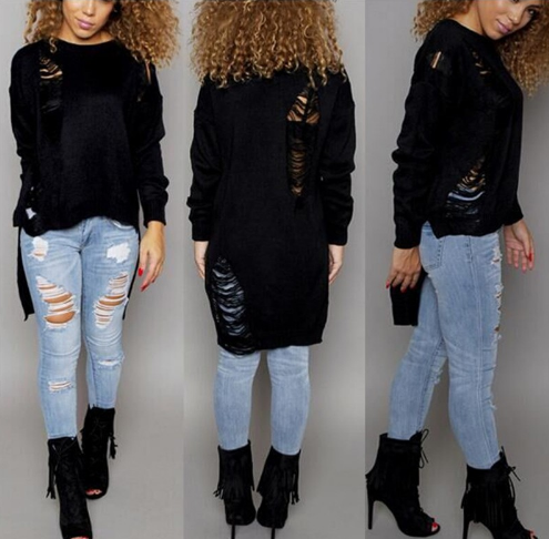 Tassel Sweater Dress Autumn Winter Women Ripped Knitted Sweaters Pullovers Long Sleeve Casual Hollow Out Sweater