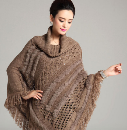 Winter Women Turtleneck Sweater Pullovers Tassels Knitting Poncho Cape Coat Female Fur Shawl