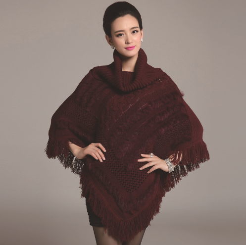 Winter Women Turtleneck Sweater Pullovers Tassels Knitting Poncho Cape Coat Female Fur Shawl
