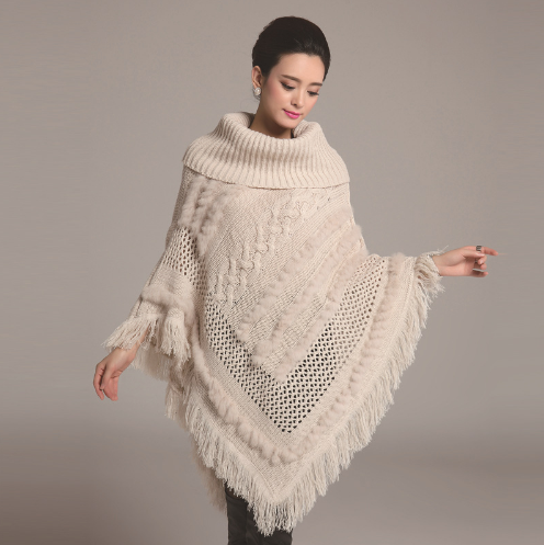 Winter Women Turtleneck Sweater Pullovers Tassels Knitting Poncho Cape Coat Female Fur Shawl