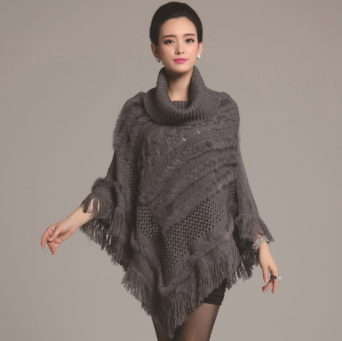 Winter Women Turtleneck Sweater Pullovers Tassels Knitting Poncho Cape Coat Female Fur Shawl