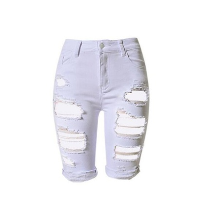 Women Elastic Hole Leggings Short Pants Casual Street Style Blue Denim Shorts Ripped Boyfriend Jeans