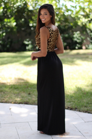 Women Scoop Neck Leopard Print High Waist Sexy Patchwork Pleated Maxi Dress