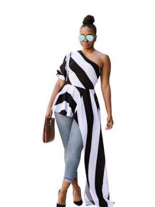 Women Dress Striped One Shoulder Half Sleeve Women Asymmetrical Maxi Dress Shirt