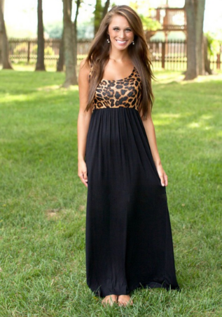 Women Scoop Neck Leopard Print High Waist Sexy Patchwork Pleated Maxi Dress