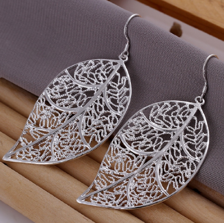 Free Elegant Fashion Jewelry Silver Plated Stud Dangle Earings Eardrop Skeleton Big Leaf