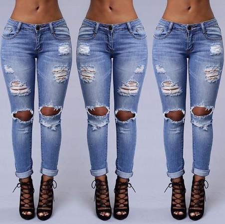 Women Stretch Distressed Ripped Blue Skinny Denim Jeans Pants Cotton Hole Pencil Feet Jeans Plus Size