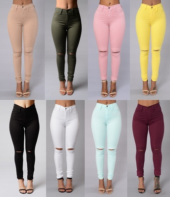High Elastic Cotton Women's Black High Waist Torn Jeans Ripped Hole Knee Skinny Pencil Pants
