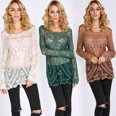 Women Embroidery Shirt Floral Hollow-Out Lace Casual Blouse Green Beige