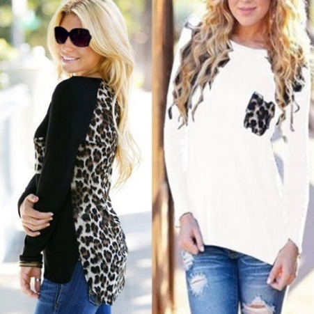 Autumn Winter New Women Long Sleeve Leopard Chiffon Stitching Knitted T-shirt Blouse Plus Size Pockets Tops S-5XL