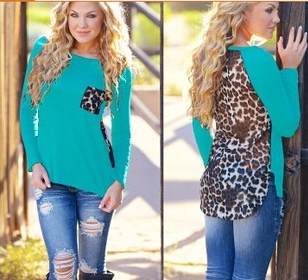 Autumn Winter New Women Long Sleeve Leopard Chiffon Stitching Knitted T-shirt Blouse Plus Size Pockets Tops S-5XL